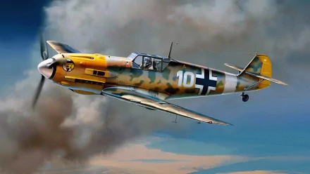 A striking HD wallpaper of a Messerschmitt Bf 109 flying through clouds, showcasing its iconic camouflage and air superiority in a military setting.
