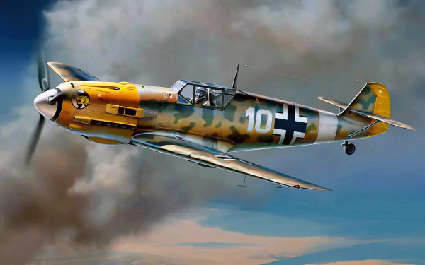 A striking HD wallpaper of a Messerschmitt Bf 109 flying through clouds, showcasing its iconic camouflage and air superiority in a military setting.