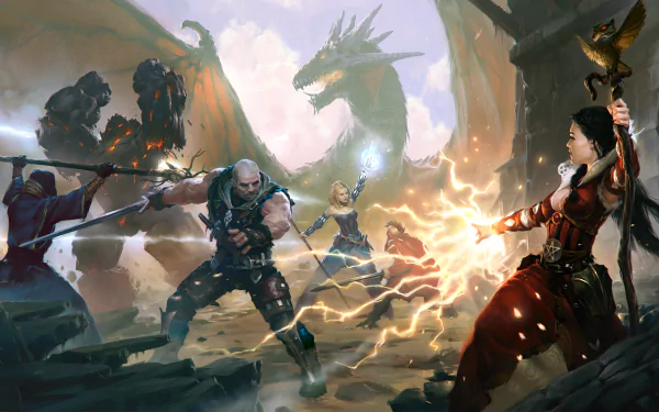 HD PC desktop wallpaper featuring an epic battle scene from The Witcher: Battle Arena video game, showcasing intense magic and combat against a dragon.