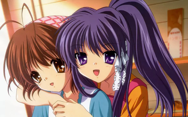 HD anime desktop wallpaper featuring Kyou Fujibayashi and Nagisa Furukawa from Clannad, showcasing vibrant colors and detailed character art.