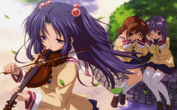Clannad HD PC wallpaper: Kotomi Ichinose plays violin while Ryou Fujibayashi and Nagisa Furukawa sit nearby as leaves drift.