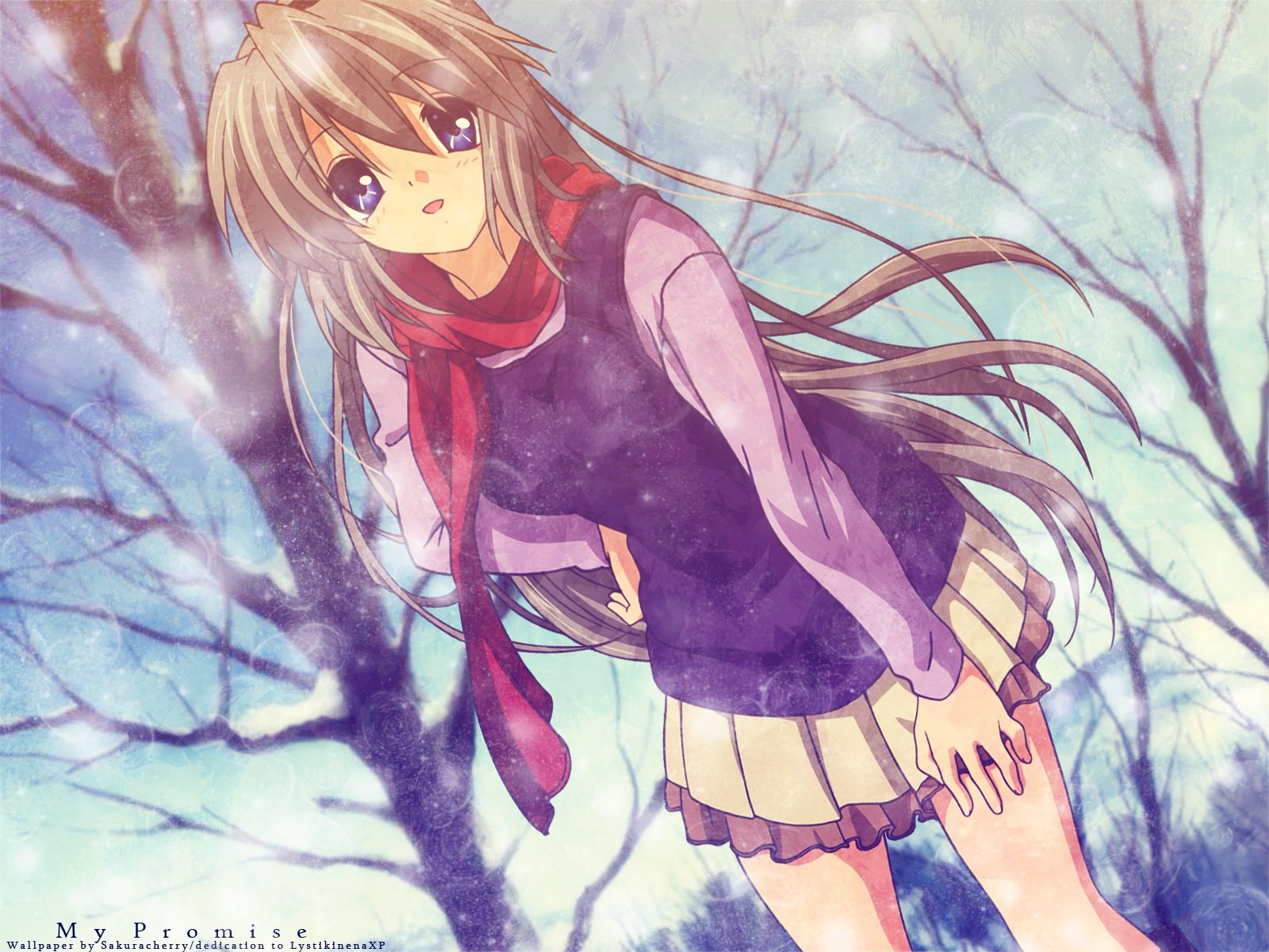 Anime HD desktop wallpaper featuring Tomoyo Sakagami from Clannad, standing outdoors with flowing hair and a wintery background of bare trees.