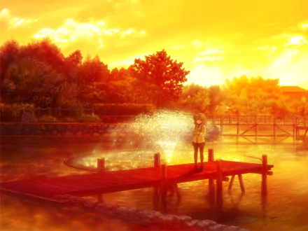 HD anime desktop wallpaper featuring Fuuko Ibuki from Clannad standing on a wooden dock by the water, bathed in warm, glowing sunset light.