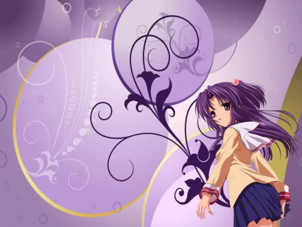 Kotomi Ichinose (Clannad) anime HD PC desktop wallpaper: purple floral swirl background with Kotomi in her school uniform looking over her shoulder.