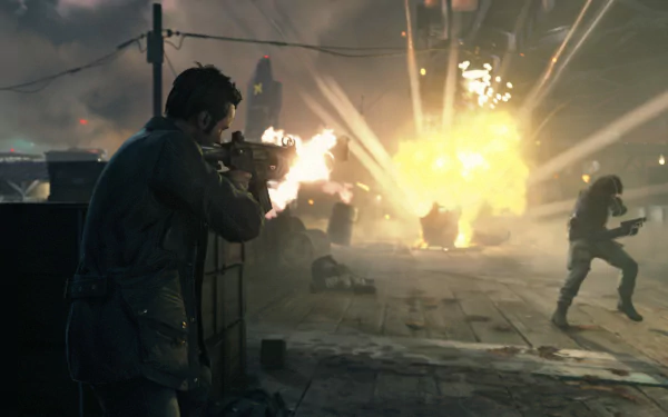 A dramatic scene from the video game Quantum Break, featuring a character aiming a weapon during an explosive confrontation amidst a chaotic urban background.