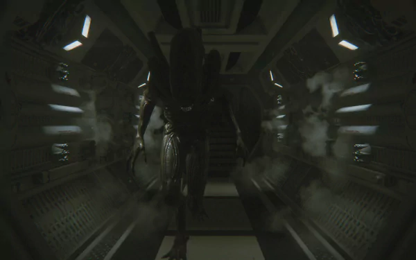 A high-definition desktop wallpaper from the video game Alien: Isolation, featuring a menacing alien silhouette in a dimly lit space corridor filled with smoke.