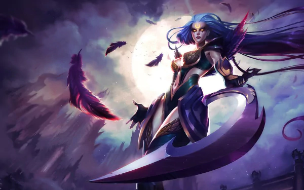 HD desktop wallpaper featuring Diana from League of Legends, depicted with a crescent blade under a moonlit sky, surrounded by flying ravens.