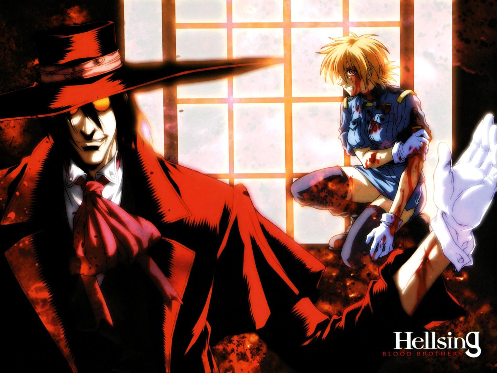 Anime Hellsing HD PC wallpaper: Alucard in a wide-brimmed hat and red coat looms in the foreground while Seras sits by a backlit window, bathed in dramatic shadows and blood-red tones.