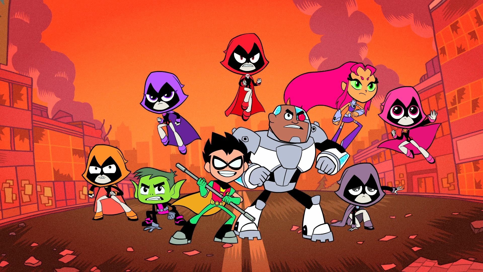 HD wallpaper of Teen Titans Go! characters Robin, Cyborg, Starfire, Raven, and Beast Boy in front of an orange cityscape.