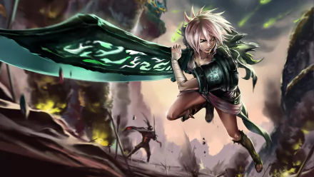 A high-definition desktop wallpaper featuring Riven from League of Legends, brandishing her rune-covered sword amidst a chaotic battlefield, representing Noxus.