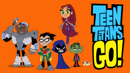 HD wallpaper of Teen Titans Go! characters Starfire, Cyborg, Robin, Raven, and Beast Boy on an orange background.