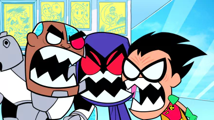HD Wallpaper featuring Cyborg, Raven, and Robin from Teen Titans Go! with intense expressions.