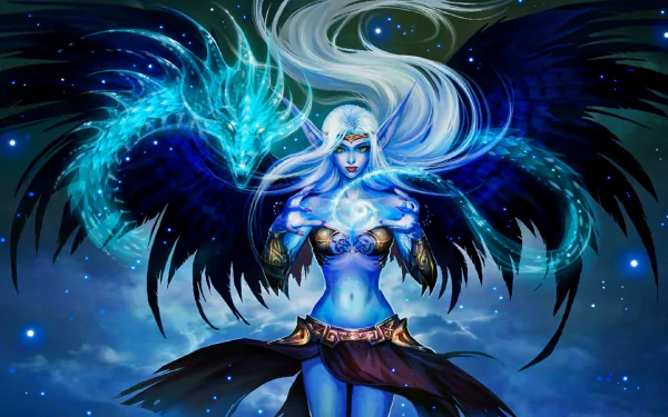 HD desktop wallpaper of Morgana from League of Legends, depicted with glowing blue wings and in a mystical starry backdrop.