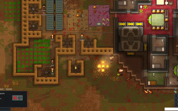 HD desktop wallpaper of RimWorld game featuring a colony with solar panels, crops, and a fire outbreak.