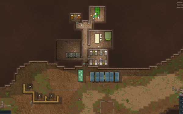 A RimWorld game base with solar panels and structures, used as an HD desktop wallpaper and background.