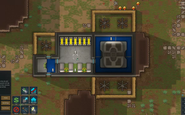 HD desktop wallpaper of a RimWorld game base with a storage area, battery room, and crafting station.