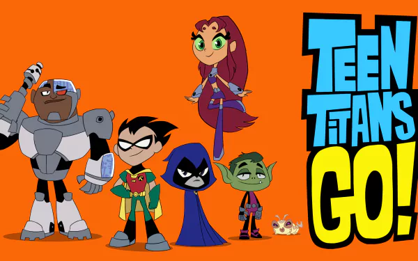 HD wallpaper of Teen Titans Go! characters Starfire, Cyborg, Robin, Raven, and Beast Boy on an orange background.