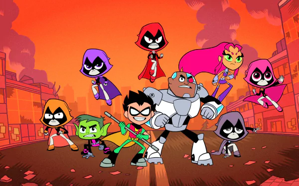 HD wallpaper of Teen Titans Go! characters Robin, Cyborg, Starfire, Raven, and Beast Boy in front of an orange cityscape.