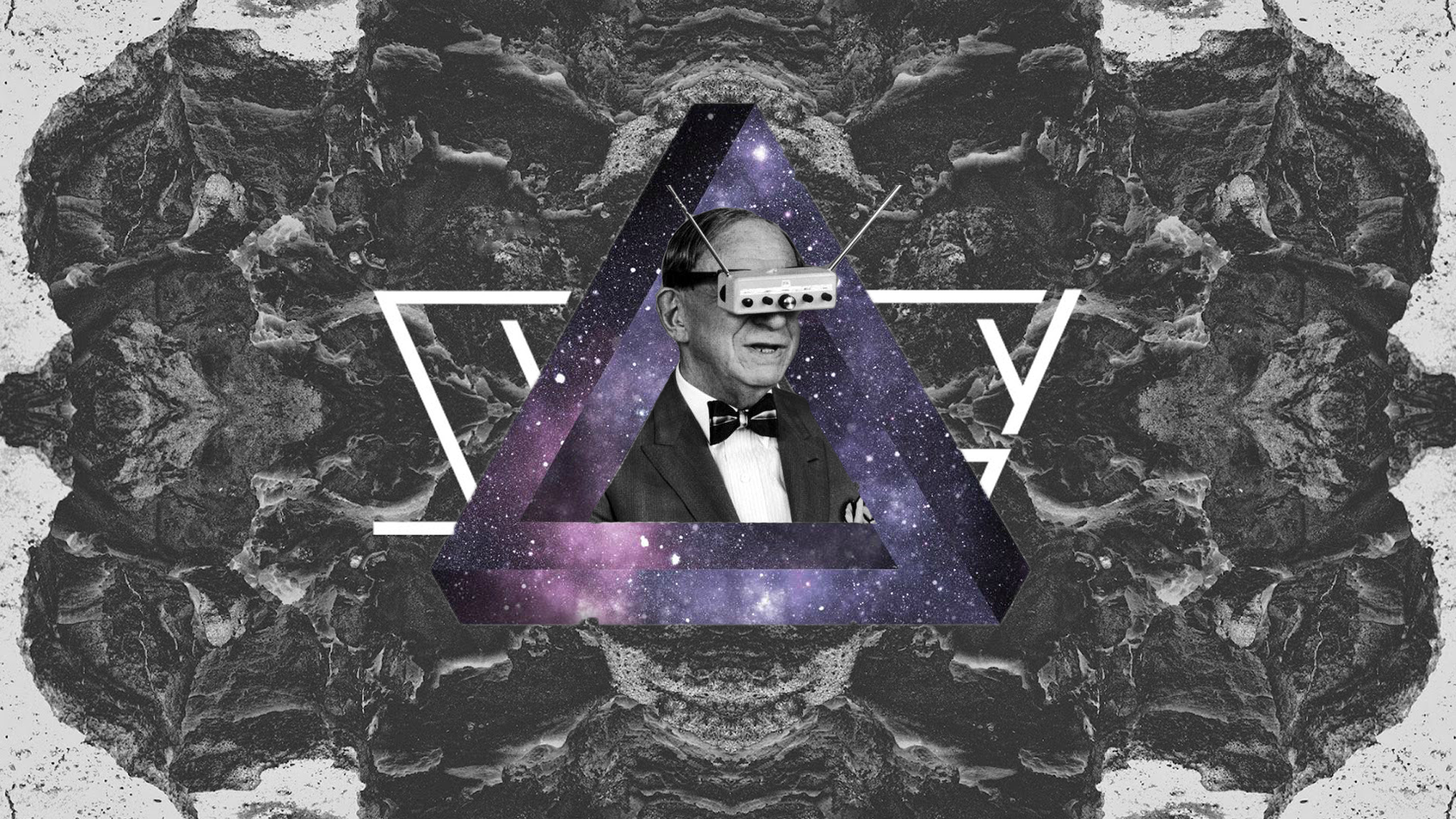 HD desktop wallpaper featuring glitch art with a surreal collage of a man in VR headset within a cosmic triangle and symmetrical patterns.