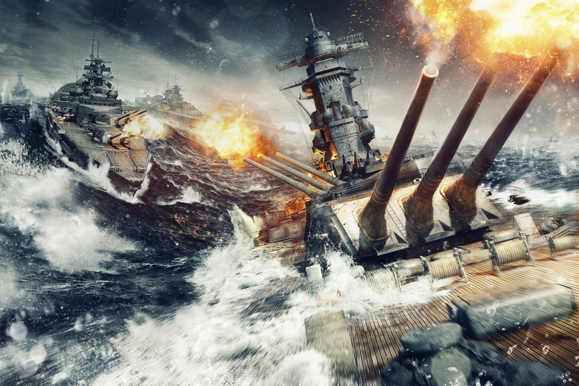 A dynamic HD desktop wallpaper for World of Warships, showcasing intense naval combat with battleships firing in turbulent seas against a dramatic backdrop.