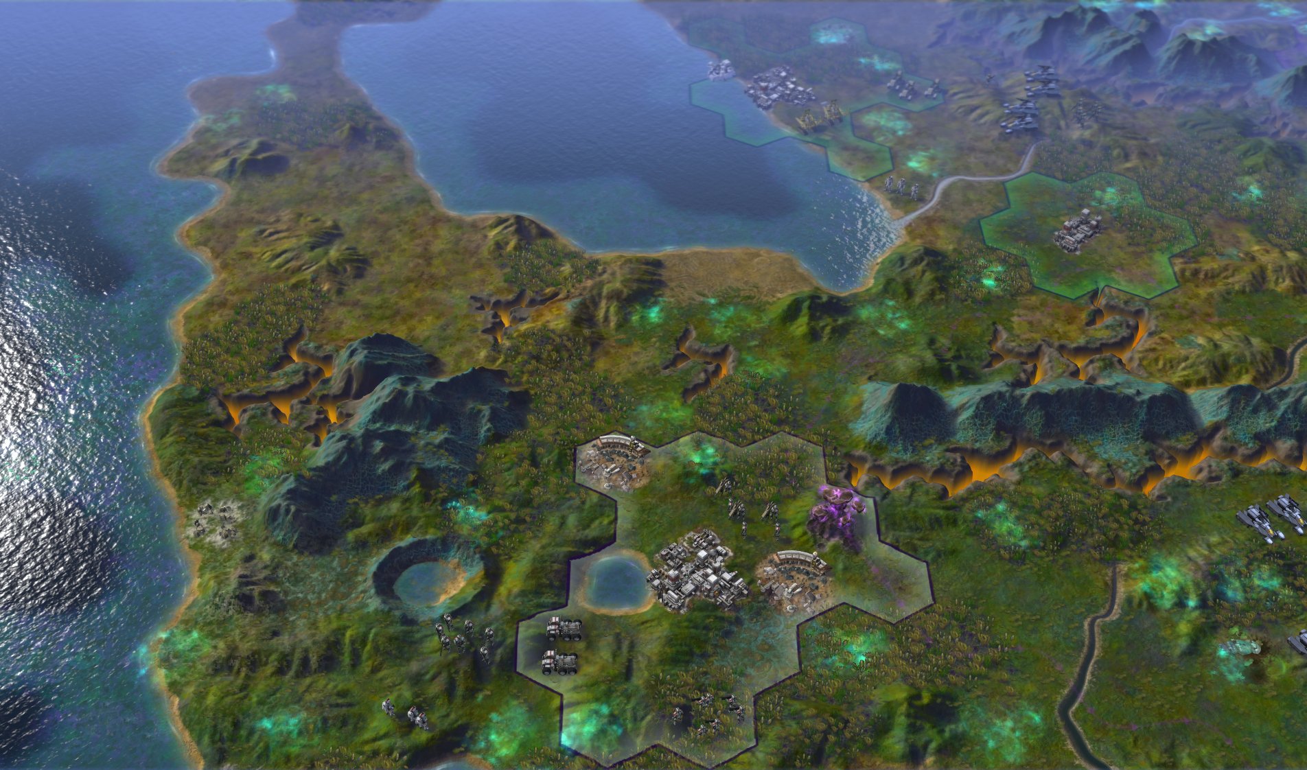 HD desktop wallpaper of Civilization: Beyond Earth game showing a vibrant in-game landscape with hexagonal terrain tiles.