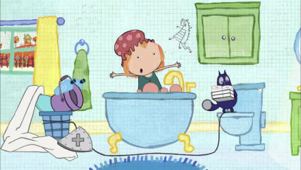 HD wallpaper of Peg playing a violin in a bathtub with her cat watching, from the animated series Peg + Cat.