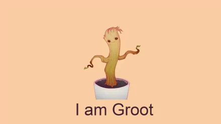 HD desktop wallpaper featuring the character Groot from Guardians of the Galaxy with the caption I am Groot on a peach background.