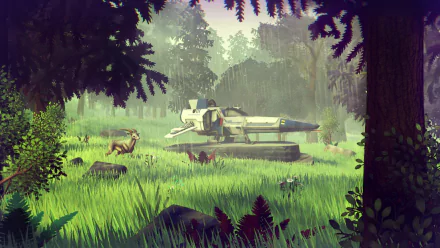 HD desktop wallpaper from the video game No Man's Sky featuring a spaceship landed in a lush, forested alien landscape.