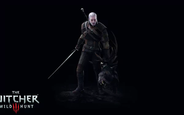 Geralt of Rivia stands confidently with his sword, accompanied by a fierce creature, set against a dark backdrop in this HD wallpaper from The Witcher 3: Wild Hunt.