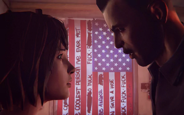 HD PC desktop wallpaper featuring David Madsen and Max Caulfield from the video game Life Is Strange, set against a distressed American flag backdrop.