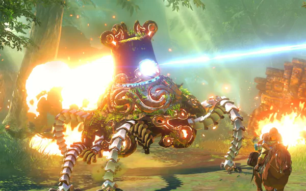 A vibrant scene from The Legend of Zelda: Breath of the Wild featuring a formidable enemy emitting a laser, set against a backdrop of fiery explosions and lush greenery.