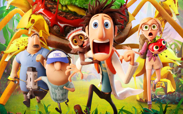 HD desktop wallpaper featuring vibrant characters from the movie Cloudy with a Chance of Meatballs 2 in an animated, lively scene.