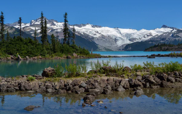 Nature HD PC desktop wallpaper and background: turquoise Garibaldi Lake with rocky shoreline, evergreens and snow-capped mountains beneath a clear blue sky.