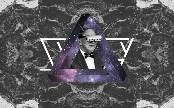 HD desktop wallpaper featuring glitch art with a surreal collage of a man in VR headset within a cosmic triangle and symmetrical patterns.