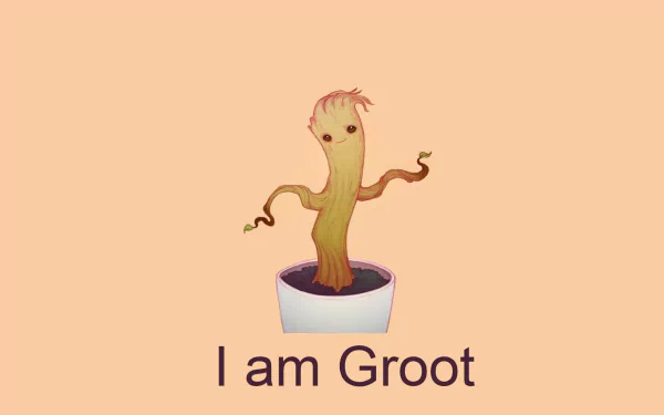 HD desktop wallpaper featuring the character Groot from Guardians of the Galaxy with the caption I am Groot on a peach background.