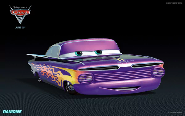 A vibrant HD desktop wallpaper featuring Ramone from the movie Cars 2, showcasing his purple design and striking flame details against a dark background.