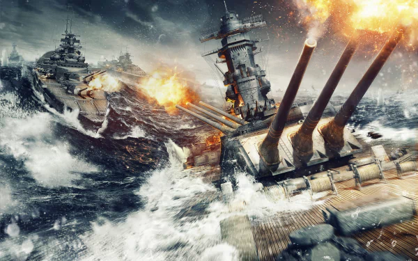 A dynamic HD desktop wallpaper for World of Warships, showcasing intense naval combat with battleships firing in turbulent seas against a dramatic backdrop.