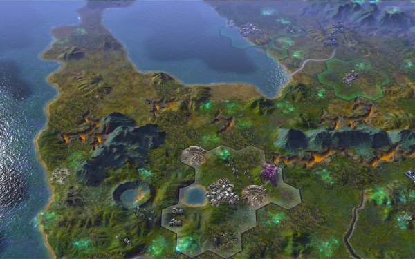 HD desktop wallpaper of Civilization: Beyond Earth game showing a vibrant in-game landscape with hexagonal terrain tiles.