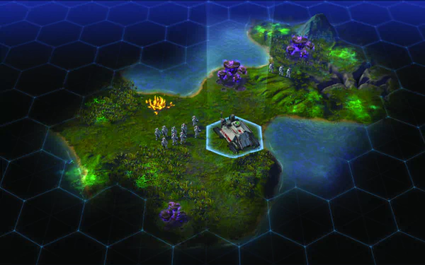 HD desktop wallpaper featuring a hex-grid terrain from the game Civilization: Beyond Earth with units and futuristic landscape.