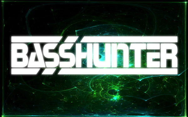 HD desktop wallpaper featuring the stylized white text BASSHUNTER on a glowing green abstract background.