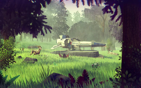 HD desktop wallpaper from the video game No Man's Sky featuring a spaceship landed in a lush, forested alien landscape.