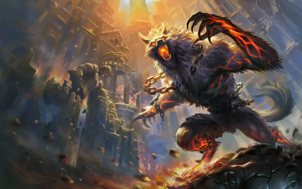 A dynamic HD desktop wallpaper featuring Fenrir from the video game Smite, showcasing the fierce wolf-like creature amidst a fiery, dramatic background.