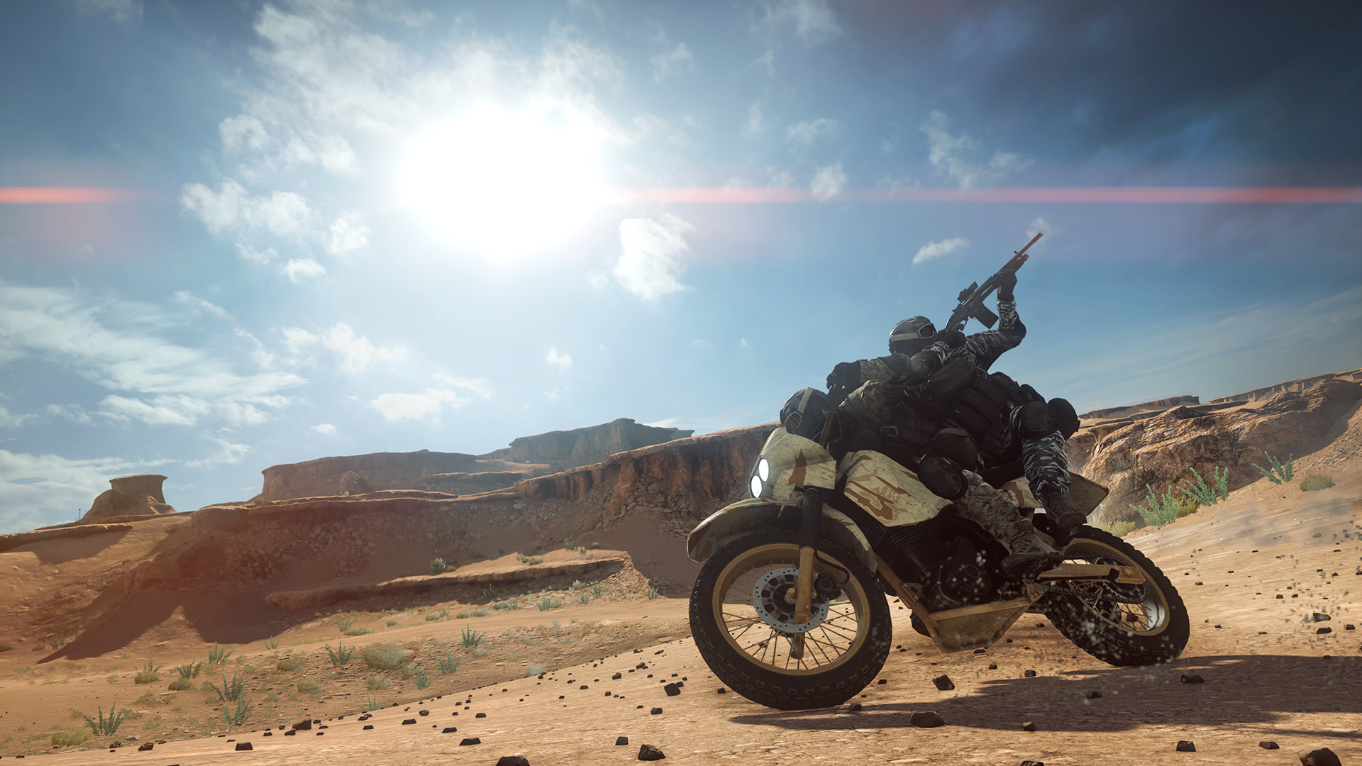 HD PC desktop wallpaper from the video game Battlefield 4, showing a soldier riding a motorcycle across a desert battlefield under a bright sky.