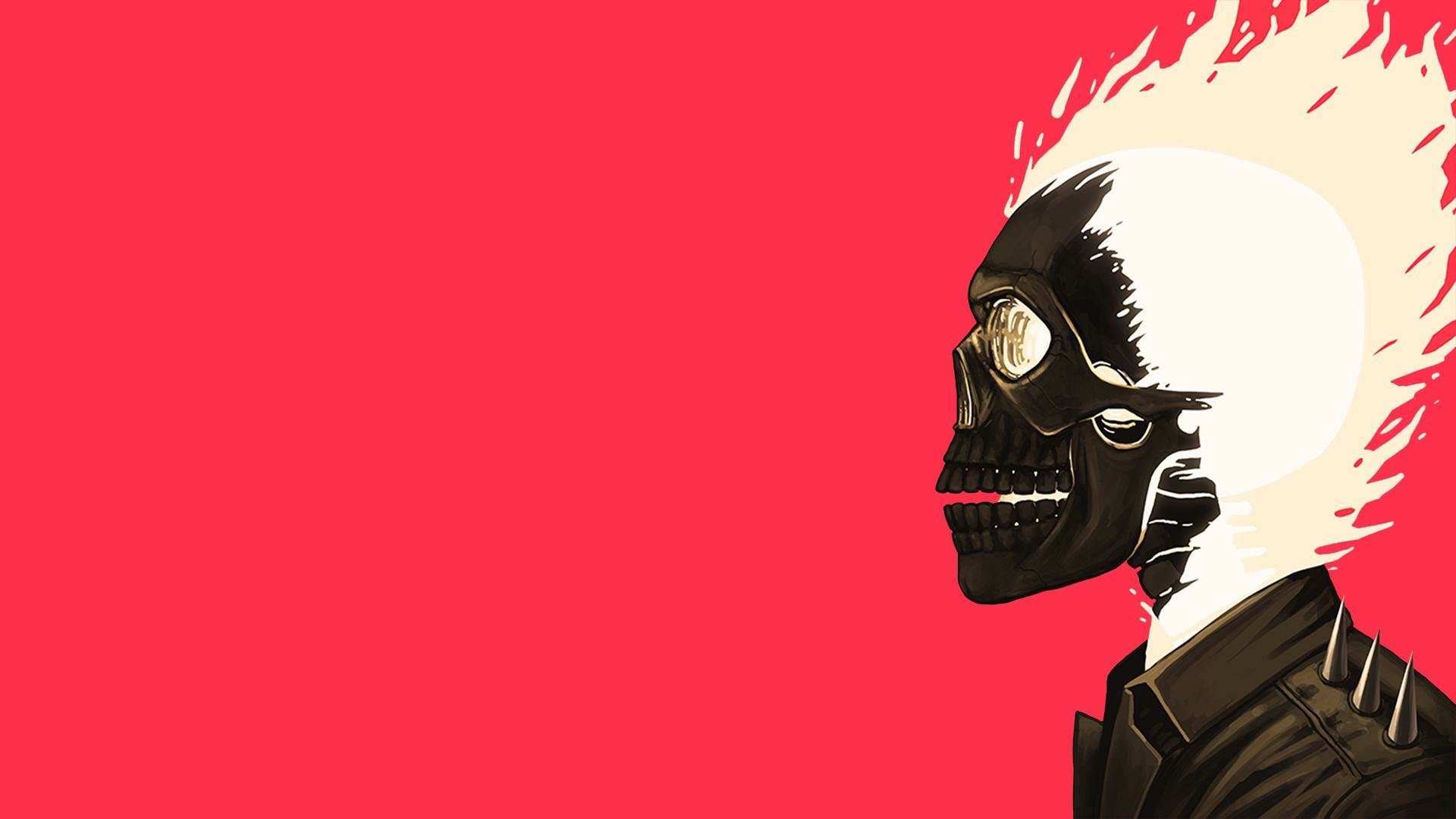 A vibrant HD desktop wallpaper featuring Ghost Rider, showcasing a striking profile of the character against a bold red background.