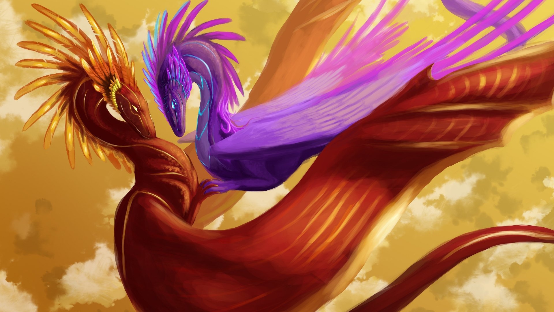 Two majestic dragons in vibrant colors clash mid-air against a warm, golden sky, creating a stunning fantasy scene. Ideal 4K Ultra HD wallpaper for dragon enthusiasts.