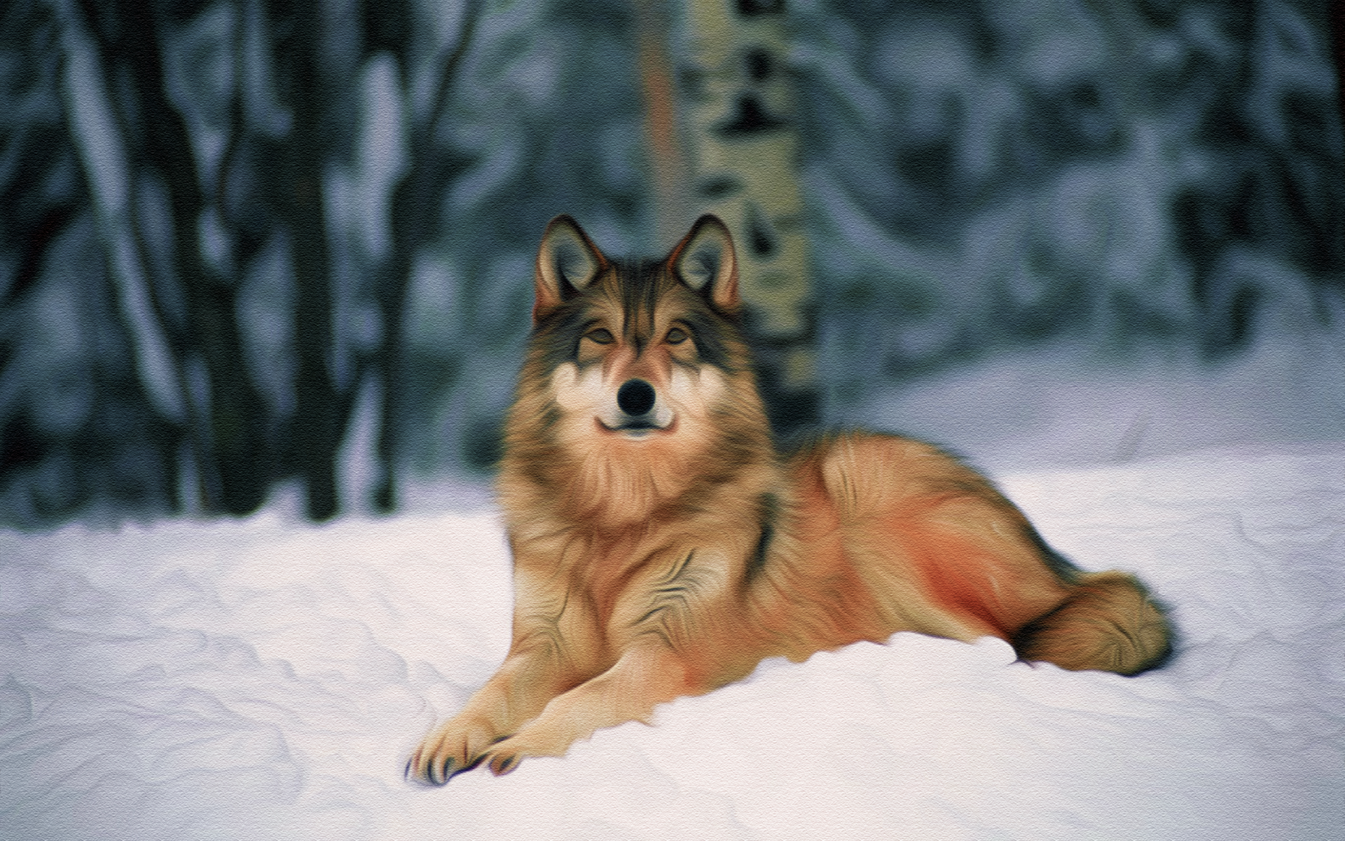 A close-up oil painting of a wolf resting in the snow, showcasing the tranquil beauty of winter. This HD image serves as a captivating desktop wallpaper.
