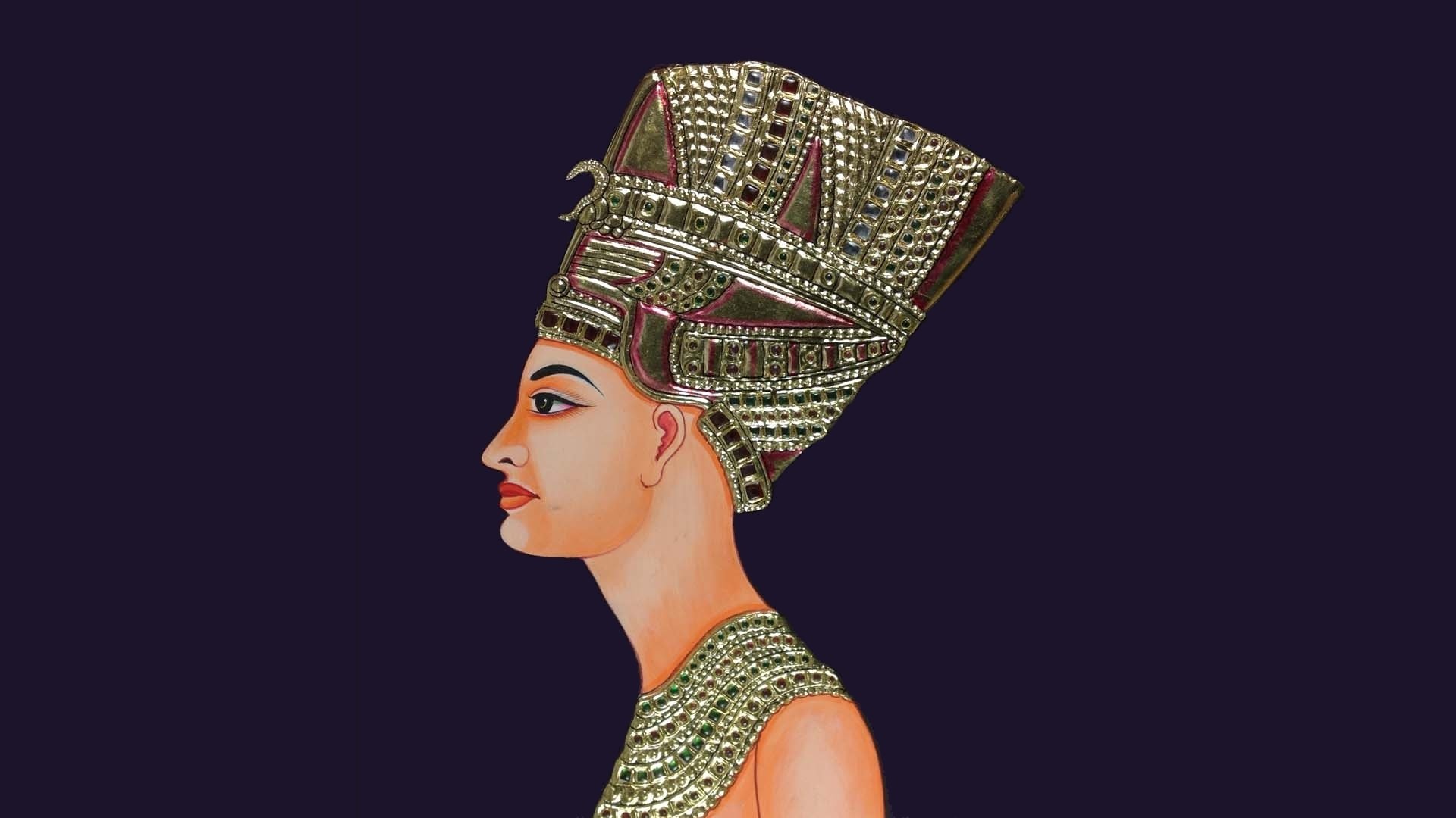 Artistic HD PC desktop wallpaper of an Egyptian queen in profile, adorned with an ornate headdress and traditional jewelry against a dark background.