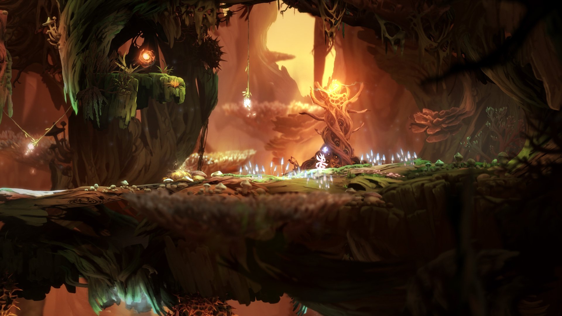 HD PC desktop wallpaper: Ori and the Blind Forest — Ori, a glowing spirit, stands on a mossy ledge in a golden, bioluminescent forest cavern with sunlight and a reflecting pool.