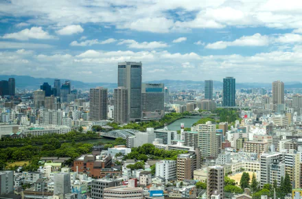 A panoramic view of Osaka's skyline, showcasing a blend of modern skyscrapers, lush greenery, and a tranquil river under a partly cloudy sky. Perfect as a high-definition desktop wallpaper.