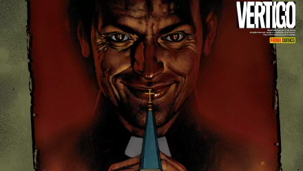HD PC desktop wallpaper featuring a dark, intense comic-style preacher holding a cross, with the Vertigo logo in the corner.